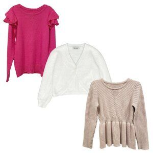 Girls 3 Sweater Bundle 9–10Y — Pink Ruffle + Apricot Peplum + White Bolero